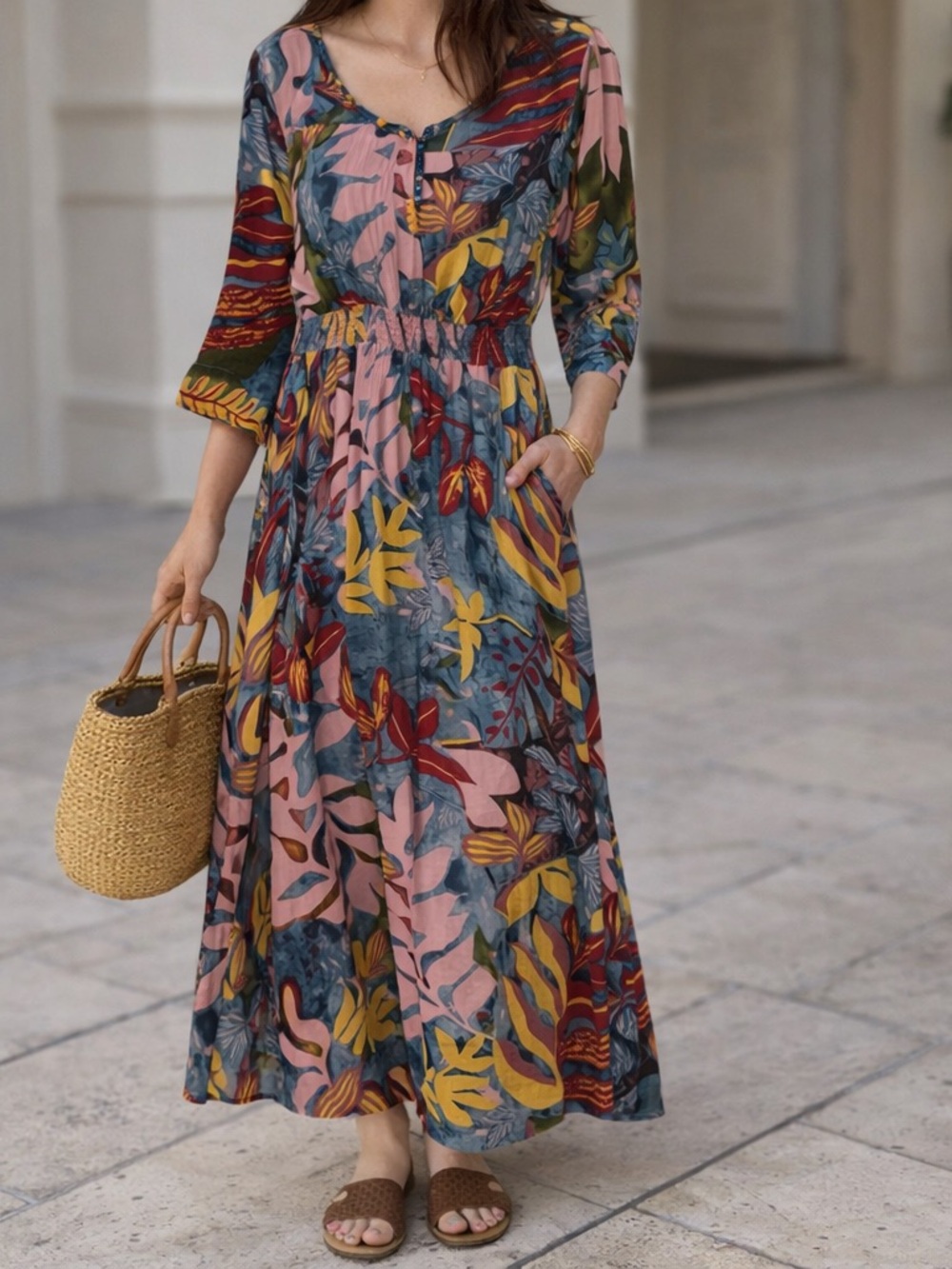 Boho Floral Maxi Dress in Pink, Yellow & Blue